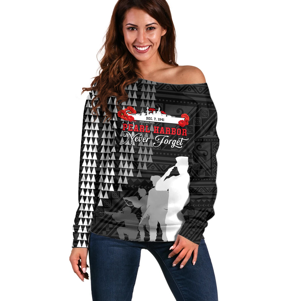 Pearl Harbor Remembrance Day Off Shoulder Sweater USS Arizona In Memory With Polynesian Pattern LT05 Women Black - Polynesian Pride
