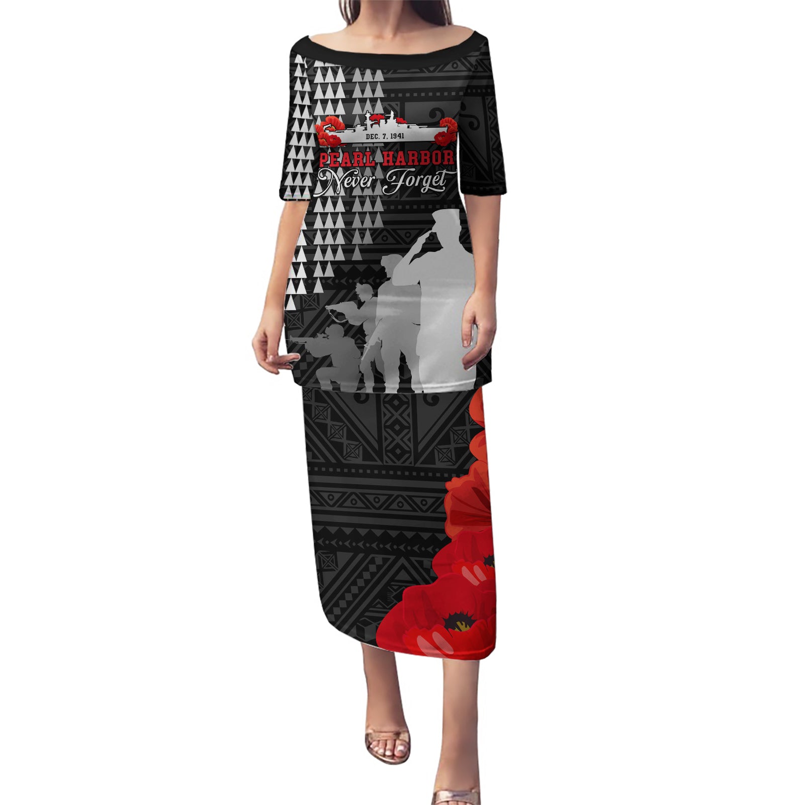 Pearl Harbor Remembrance Day Puletasi USS Arizona In Memory With Polynesian Pattern LT05 Long Dress Black - Polynesian Pride