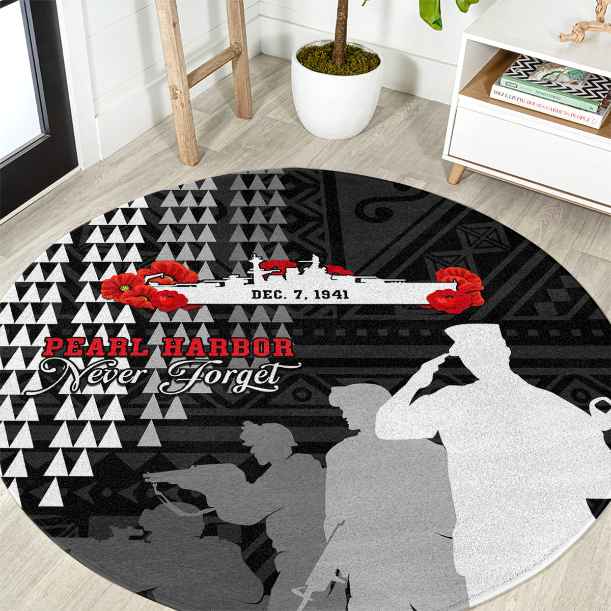 Pearl Harbor Remembrance Day Round Carpet USS Arizona In Memory With Polynesian Pattern LT05 Black - Polynesian Pride