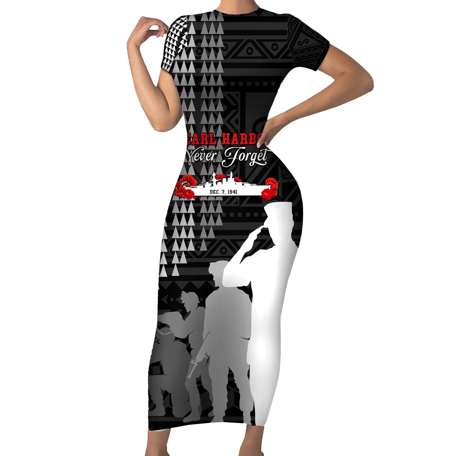 Pearl Harbor Remembrance Day Short Sleeve Bodycon Dress USS Arizona In Memory With Polynesian Pattern LT05 Long Dress Black - Polynesian Pride