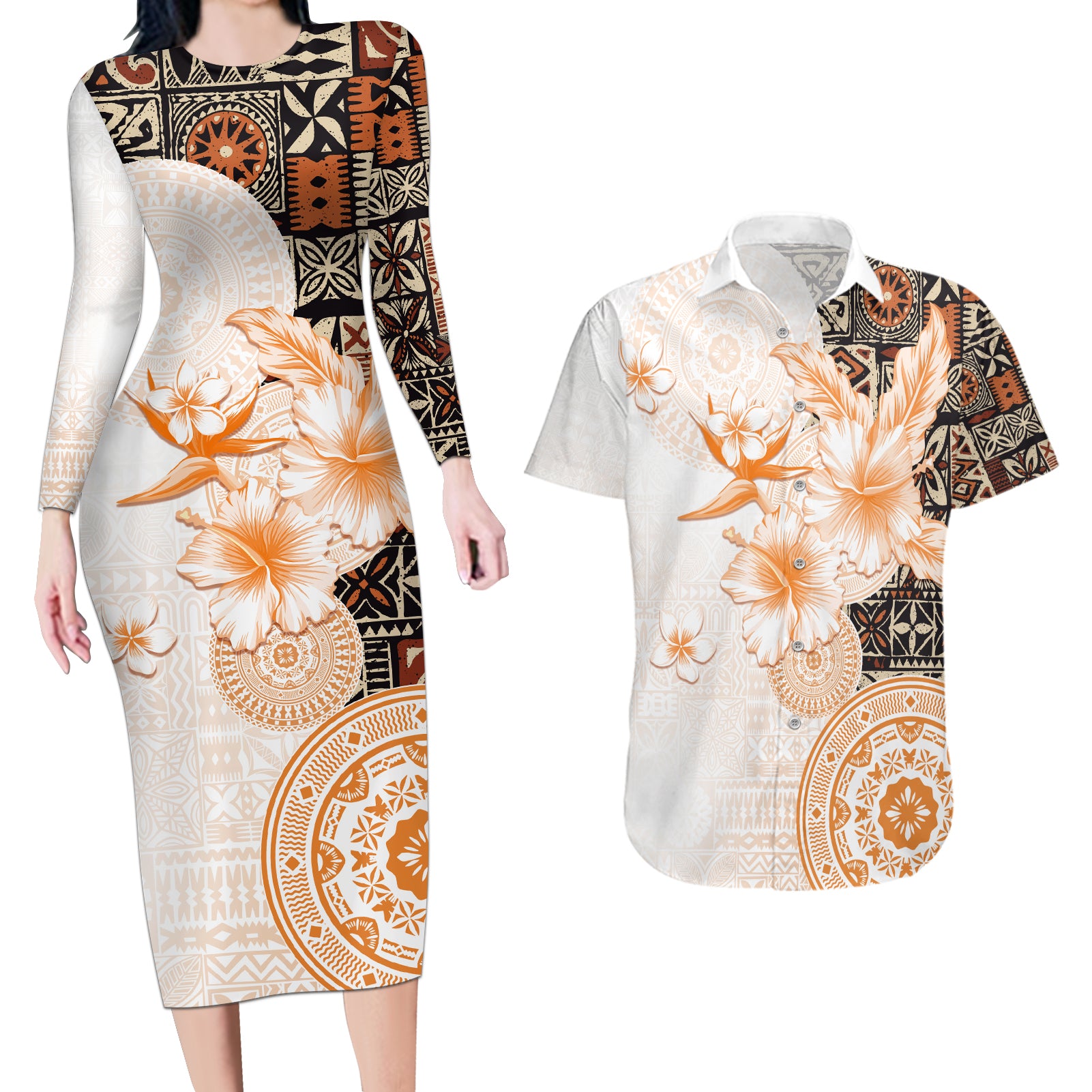 Fiji Couples Matching Long Sleeve Bodycon Dress and Hawaiian Shirt Masi Tapa Pattern Brown LT05 Brown - Polynesian Pride