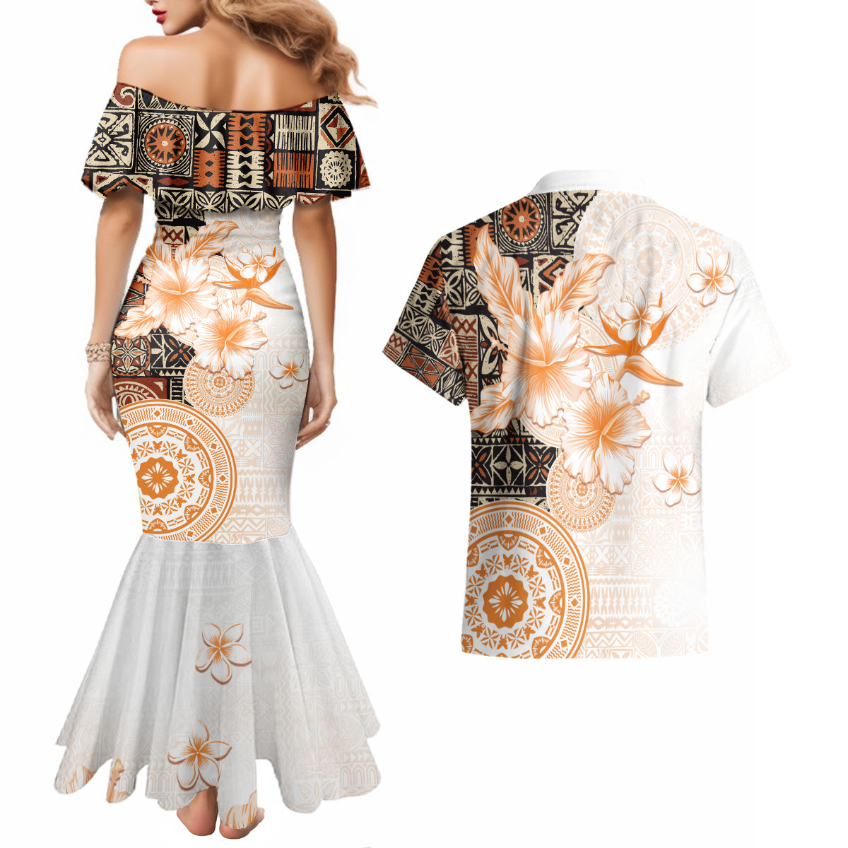 Fiji Couples Matching Mermaid Dress and Hawaiian Shirt Masi Tapa Pattern Brown LT05 - Polynesian Pride