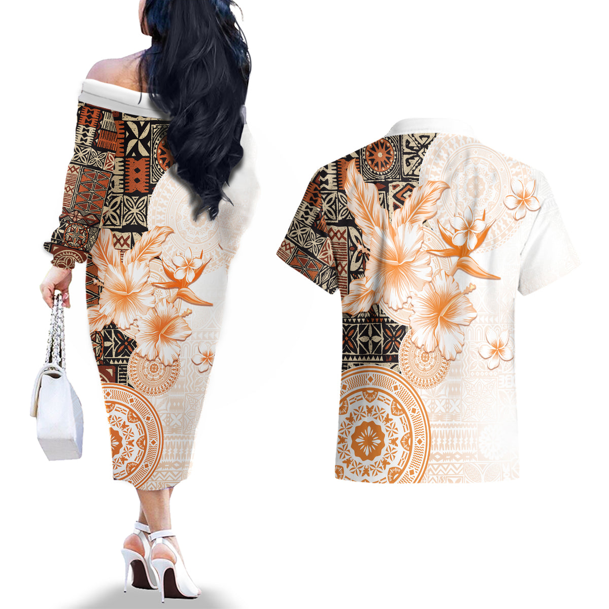 Fiji Couples Matching Off The Shoulder Long Sleeve Dress and Hawaiian Shirt Masi Tapa Pattern Brown LT05 - Polynesian Pride