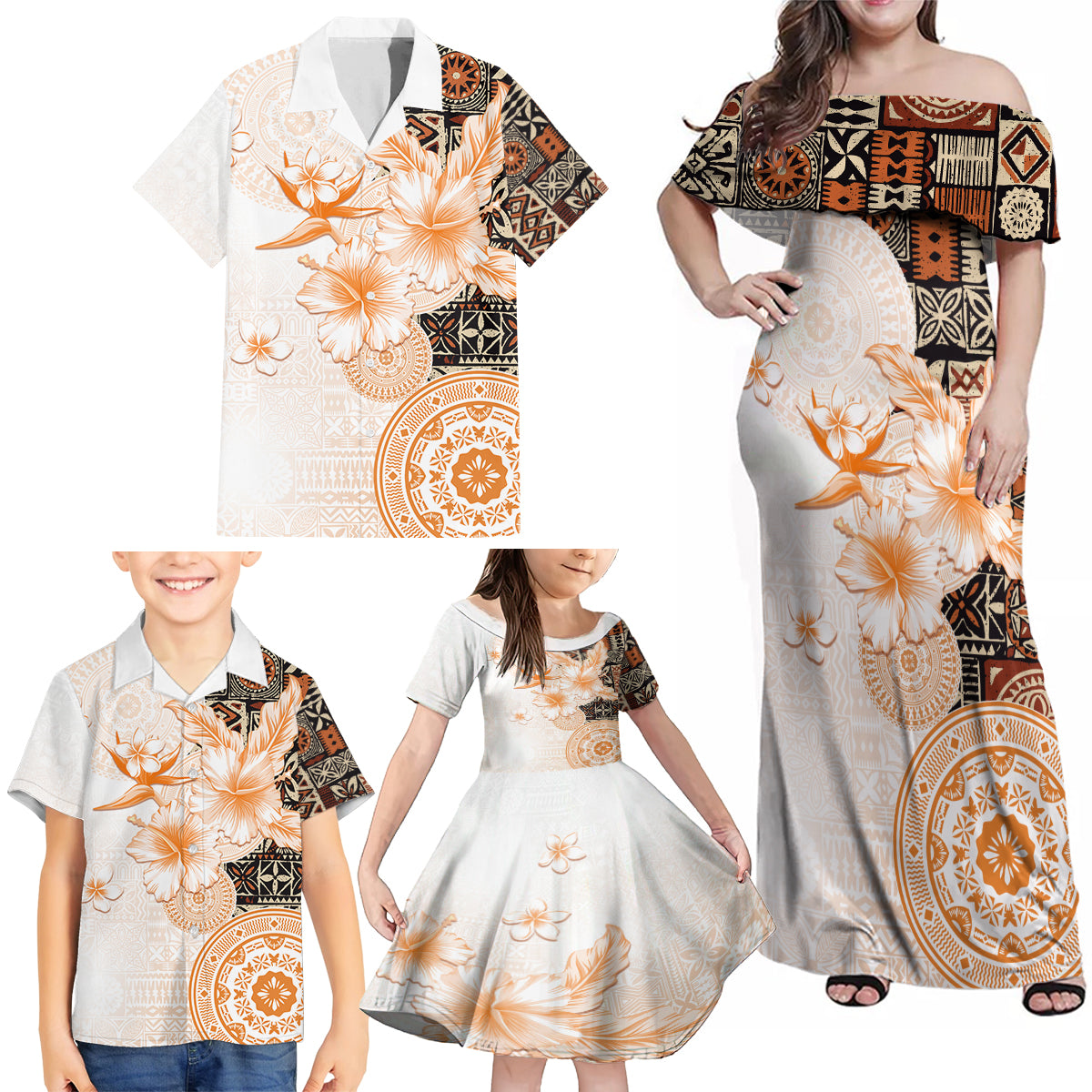 Fiji Family Matching Off Shoulder Maxi Dress and Hawaiian Shirt Masi Tapa Pattern Brown LT05 - Polynesian Pride