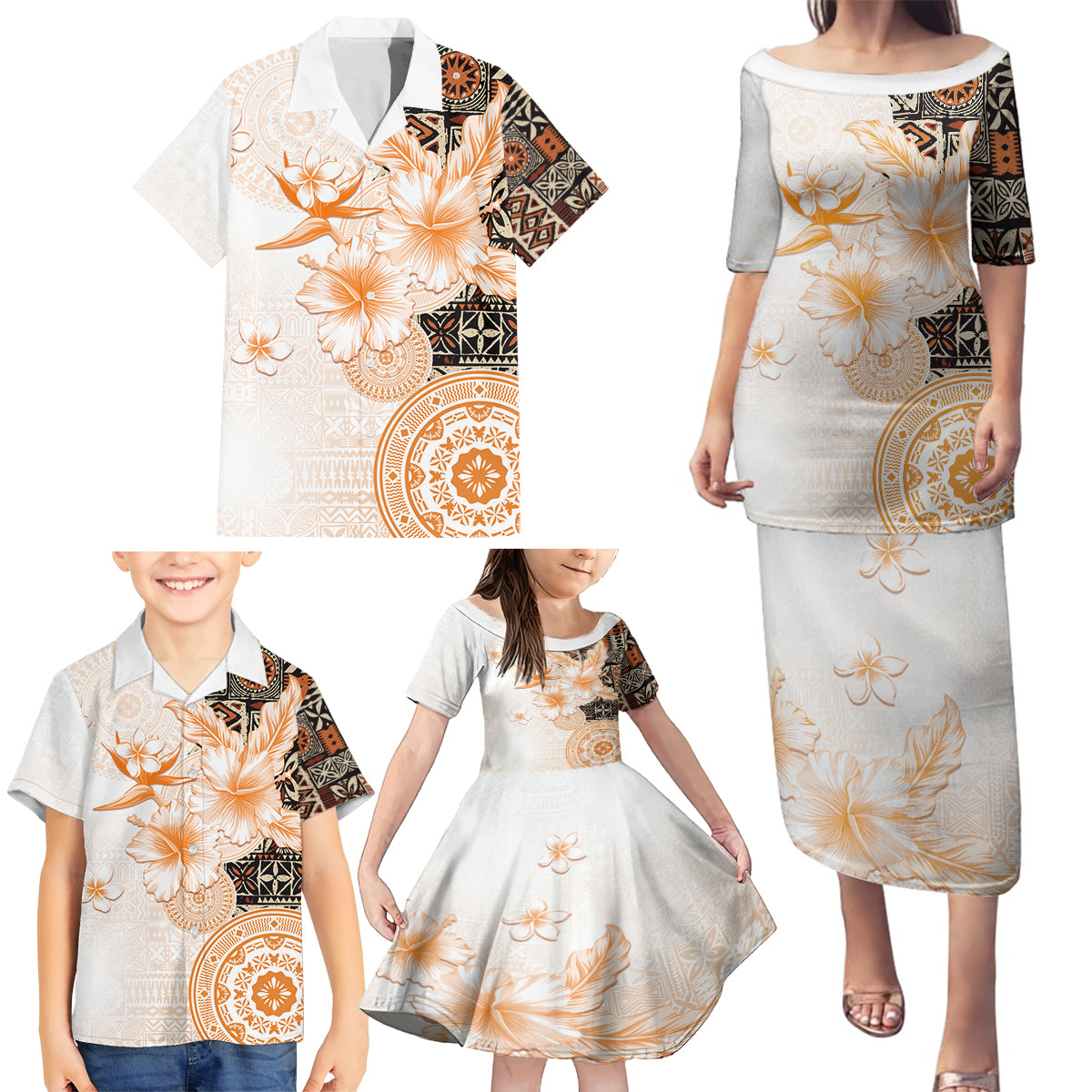 Fiji Family Matching Puletasi Dress and Hawaiian Shirt Masi Tapa Pattern Brown LT05 - Polynesian Pride