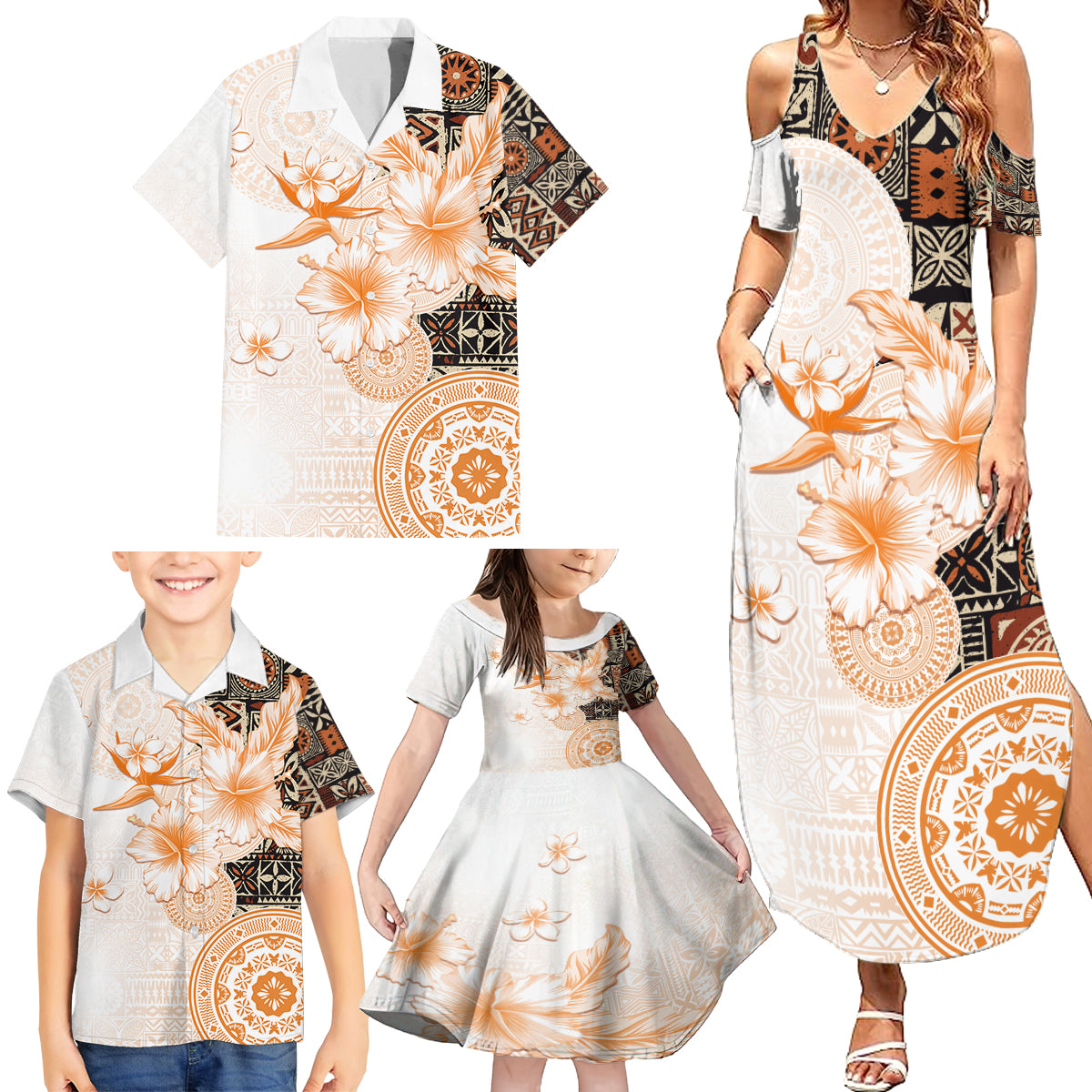 Fiji Family Matching Summer Maxi Dress and Hawaiian Shirt Masi Tapa Pattern Brown LT05 - Polynesian Pride