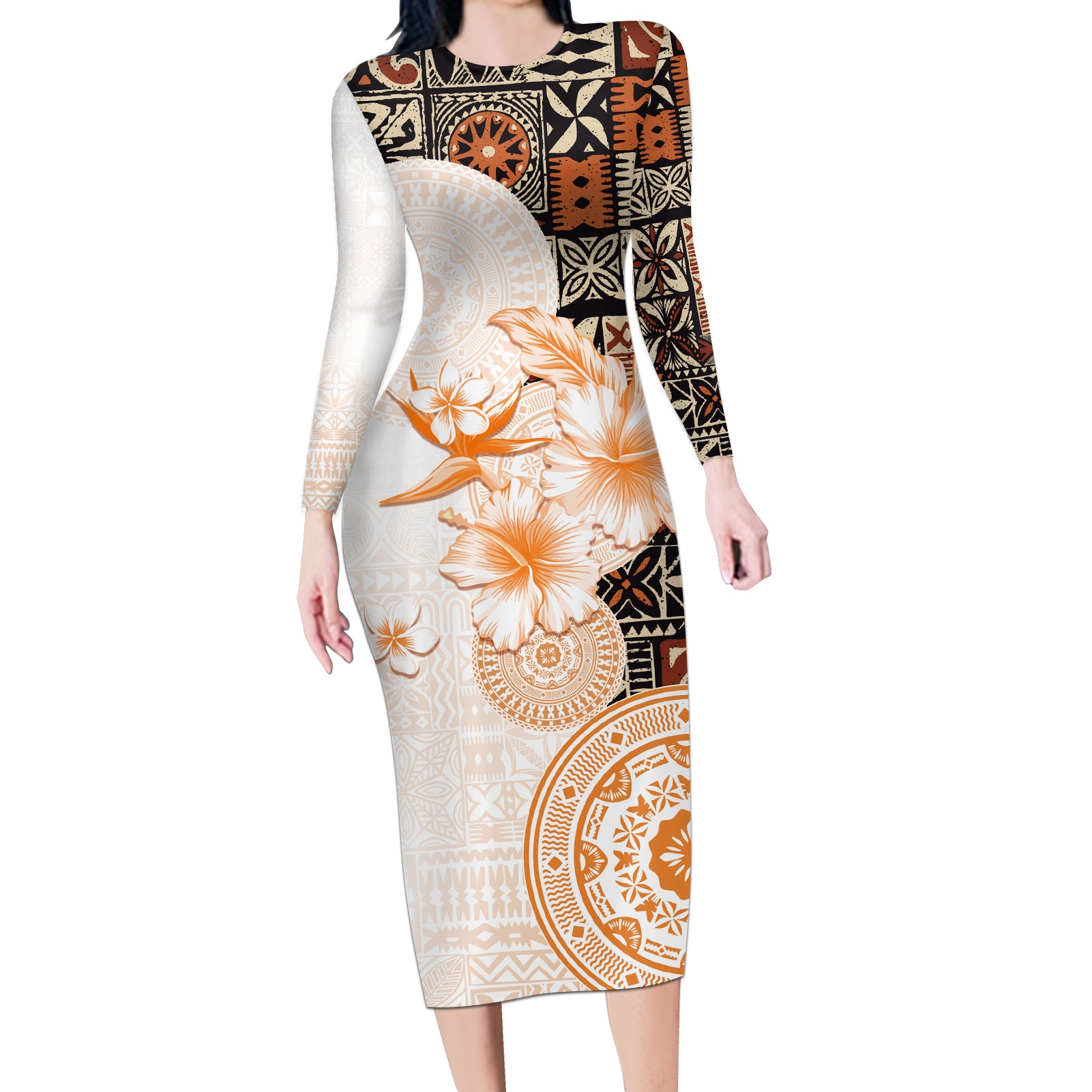 Fiji Long Sleeve Bodycon Dress Masi Tapa Pattern Brown LT05 Long Dress Brown - Polynesian Pride