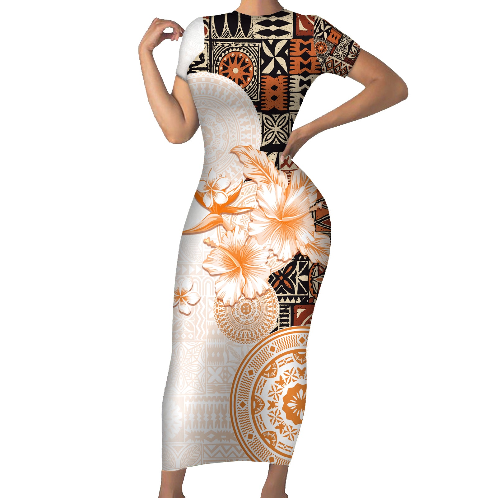 Fiji Short Sleeve Bodycon Dress Masi Tapa Pattern Brown LT05 Long Dress Brown - Polynesian Pride
