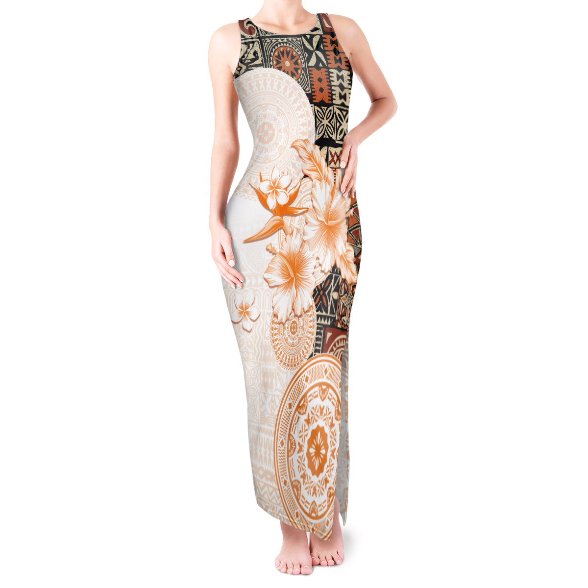 Fiji Tank Maxi Dress Masi Tapa Pattern Brown LT05 Women Brown - Polynesian Pride