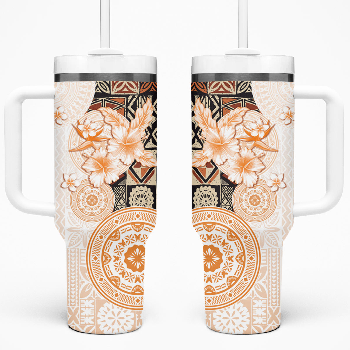 Fiji Tumbler With Handle Masi Tapa Pattern Brown