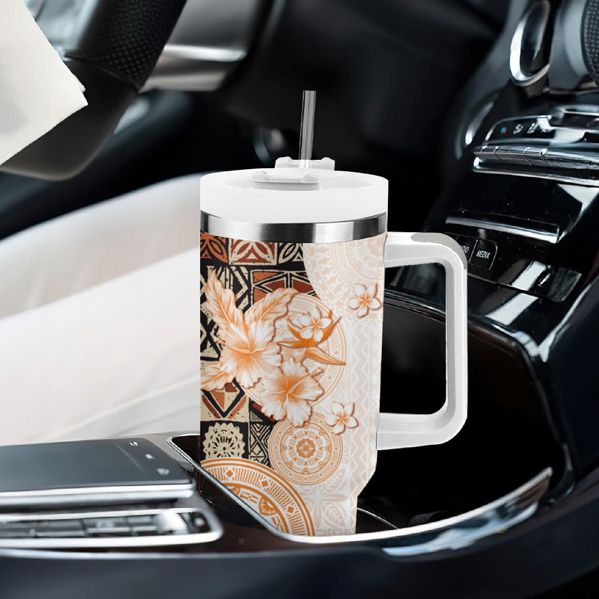 Fiji Tumbler With Handle Masi Tapa Pattern Brown