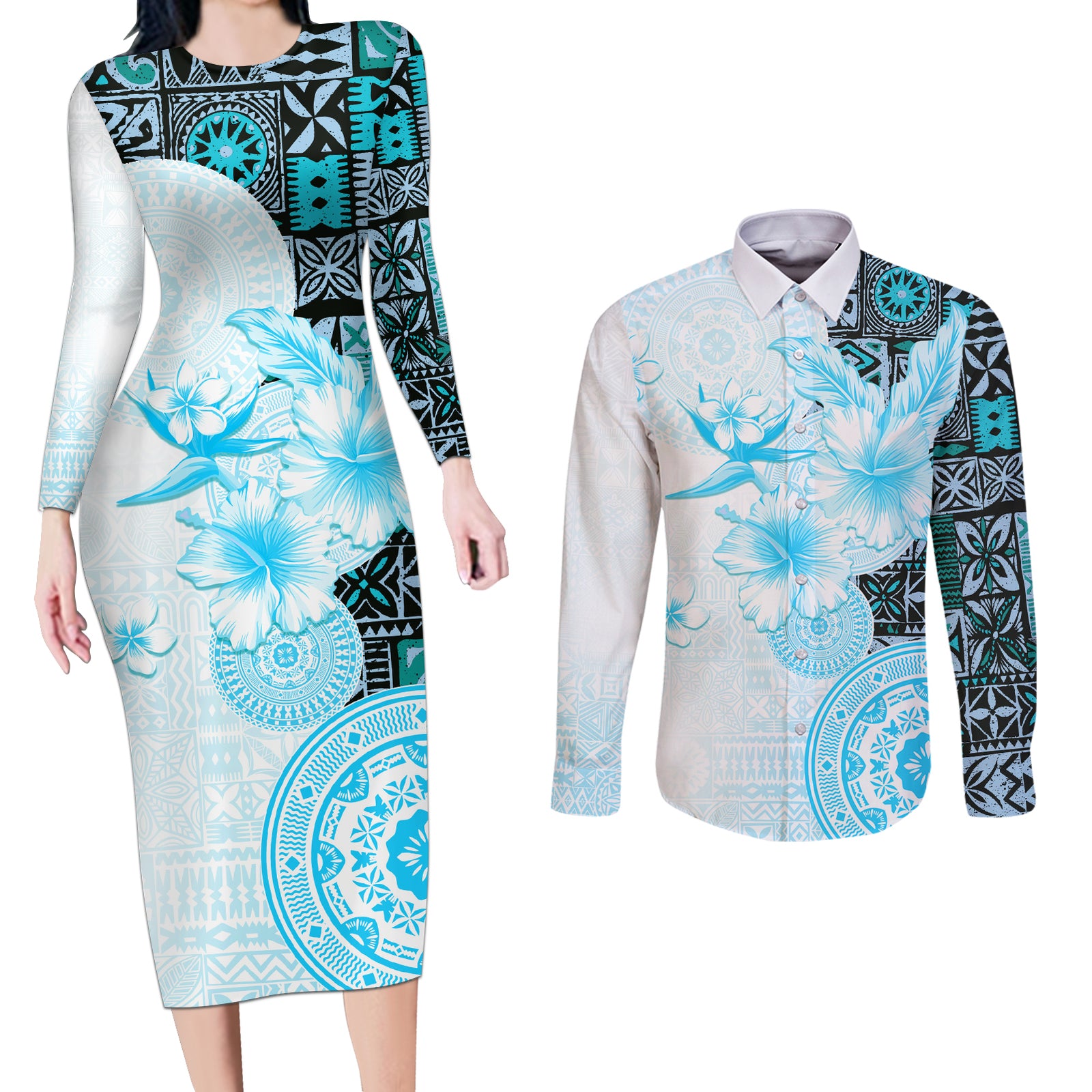 Fiji Couples Matching Long Sleeve Bodycon Dress and Long Sleeve Button Shirt Masi Tapa Pattern Blue LT05 Blue - Polynesian Pride