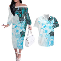Fiji Couples Matching Off The Shoulder Long Sleeve Dress and Hawaiian Shirt Masi Tapa Pattern Blue LT05 Blue - Polynesian Pride