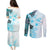 Fiji Couples Matching Puletasi Dress and Long Sleeve Button Shirt Masi Tapa Pattern Blue LT05 - Polynesian Pride