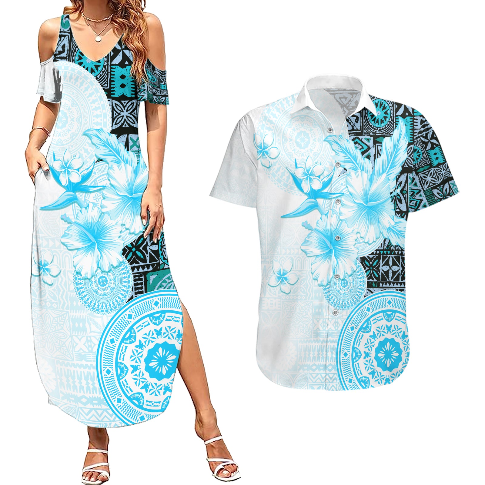 Fiji Couples Matching Summer Maxi Dress and Hawaiian Shirt Masi Tapa Pattern Blue LT05 Blue - Polynesian Pride