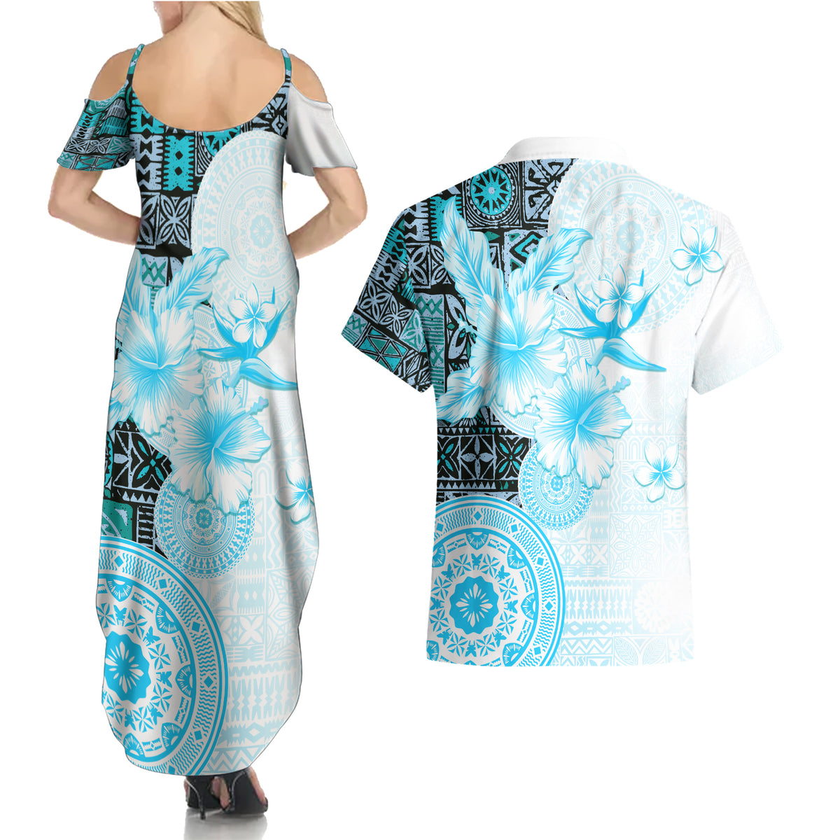 Fiji Couples Matching Summer Maxi Dress and Hawaiian Shirt Masi Tapa Pattern Blue LT05 - Polynesian Pride
