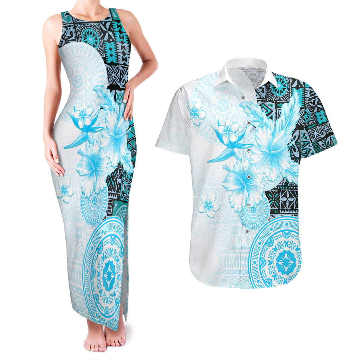 Fiji Couples Matching Tank Maxi Dress and Hawaiian Shirt Masi Tapa Pattern Blue LT05 Blue - Polynesian Pride