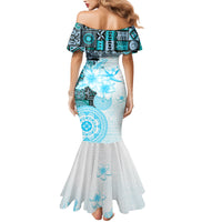 Fiji Family Matching Mermaid Dress and Hawaiian Shirt Masi Tapa Pattern Blue LT05 - Polynesian Pride