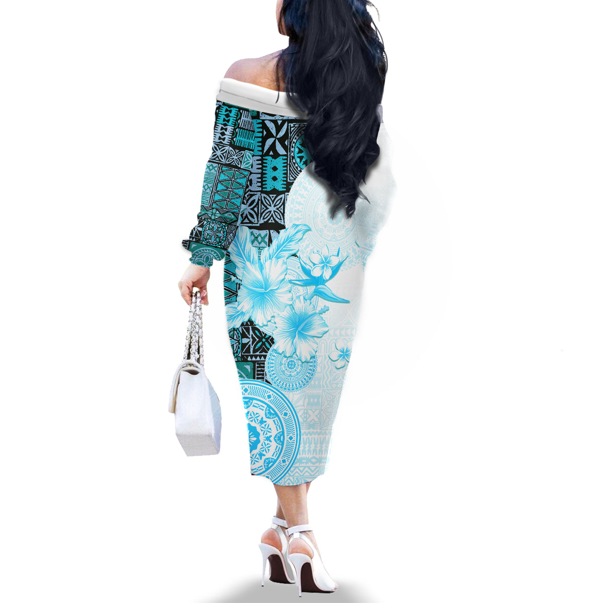 Fiji Family Matching Off Shoulder Long Sleeve Dress and Hawaiian Shirt Masi Tapa Pattern Blue LT05 - Polynesian Pride