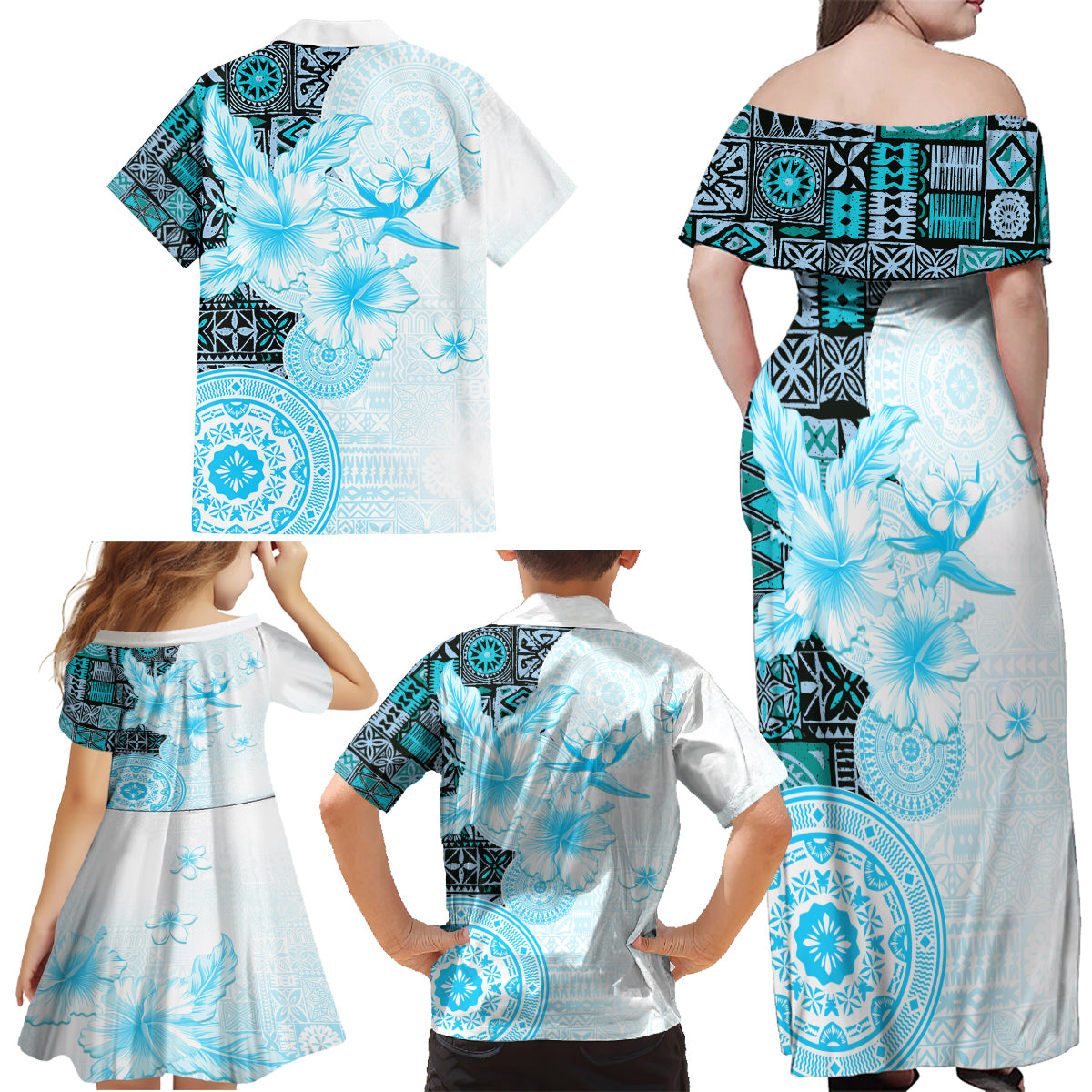 Fiji Family Matching Off Shoulder Maxi Dress and Hawaiian Shirt Masi Tapa Pattern Blue LT05 - Polynesian Pride