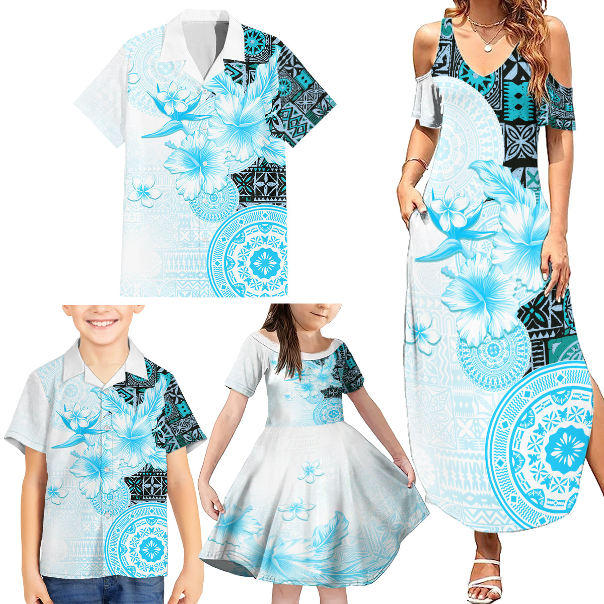 Fiji Family Matching Summer Maxi Dress and Hawaiian Shirt Masi Tapa Pattern Blue LT05 - Polynesian Pride