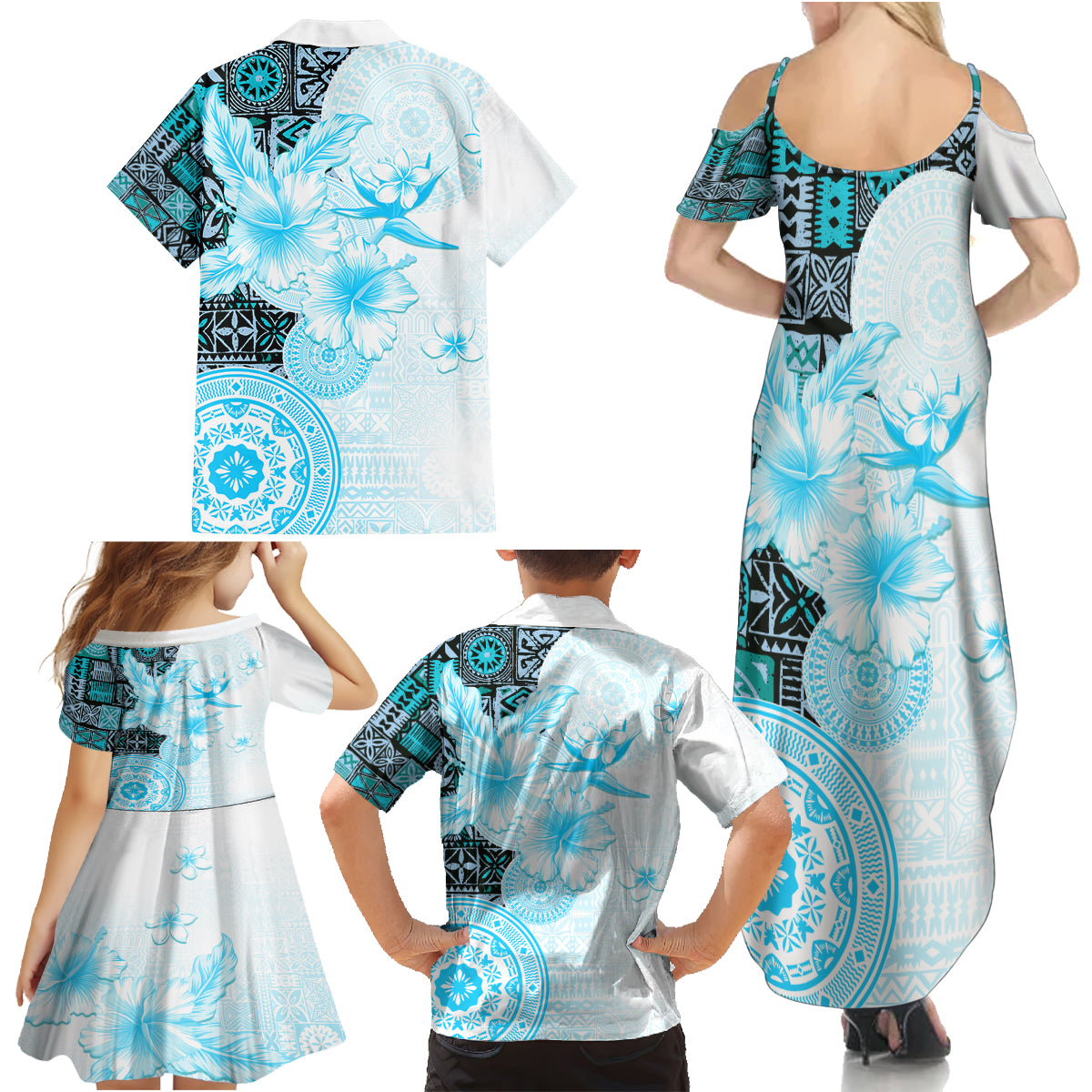 Fiji Family Matching Summer Maxi Dress and Hawaiian Shirt Masi Tapa Pattern Blue LT05 - Polynesian Pride