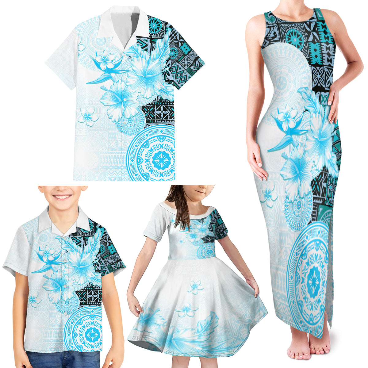 Fiji Family Matching Tank Maxi Dress and Hawaiian Shirt Masi Tapa Pattern Blue LT05 - Polynesian Pride