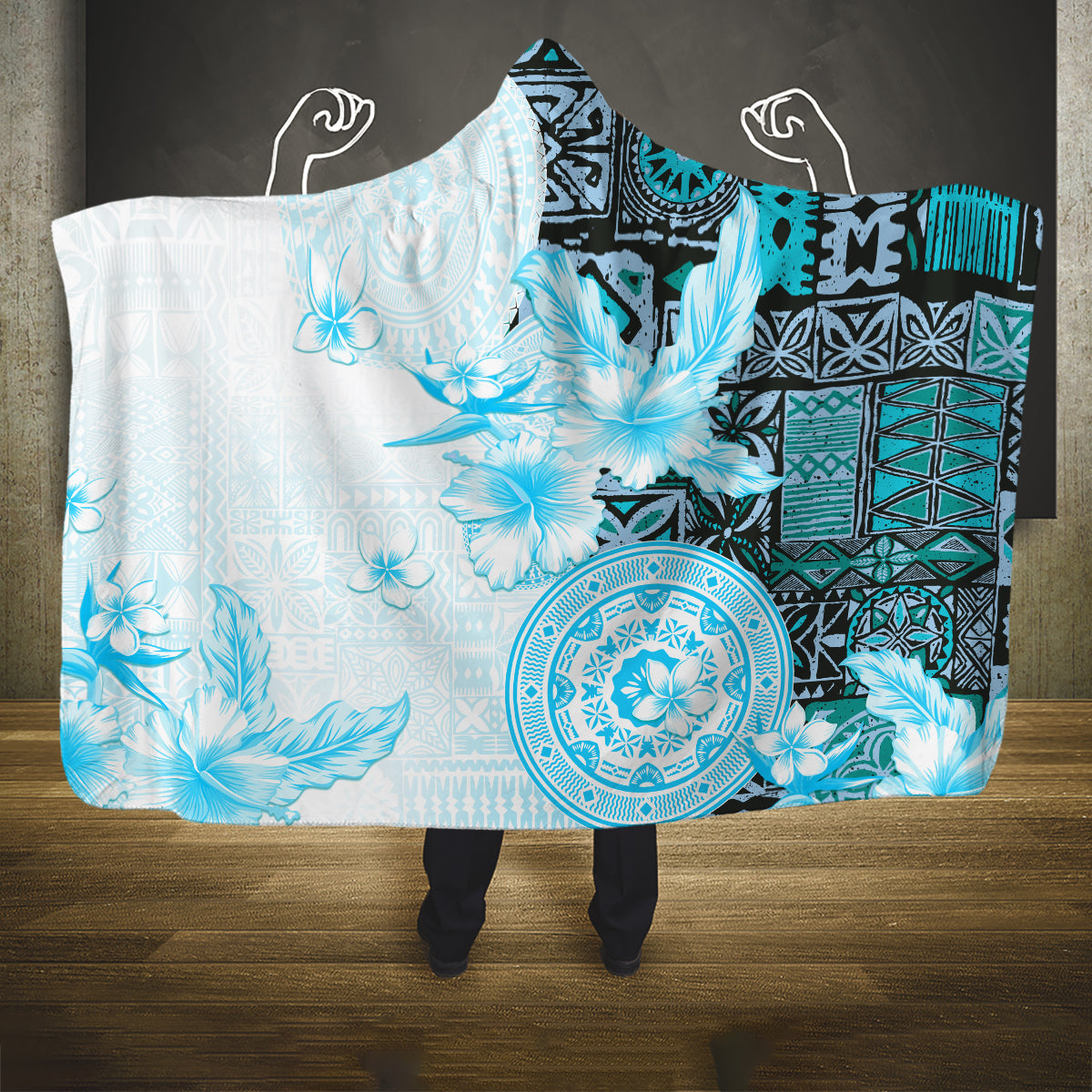 Fiji Hooded Blanket Masi Tapa Pattern Blue LT05 One Size Blue - Polynesian Pride