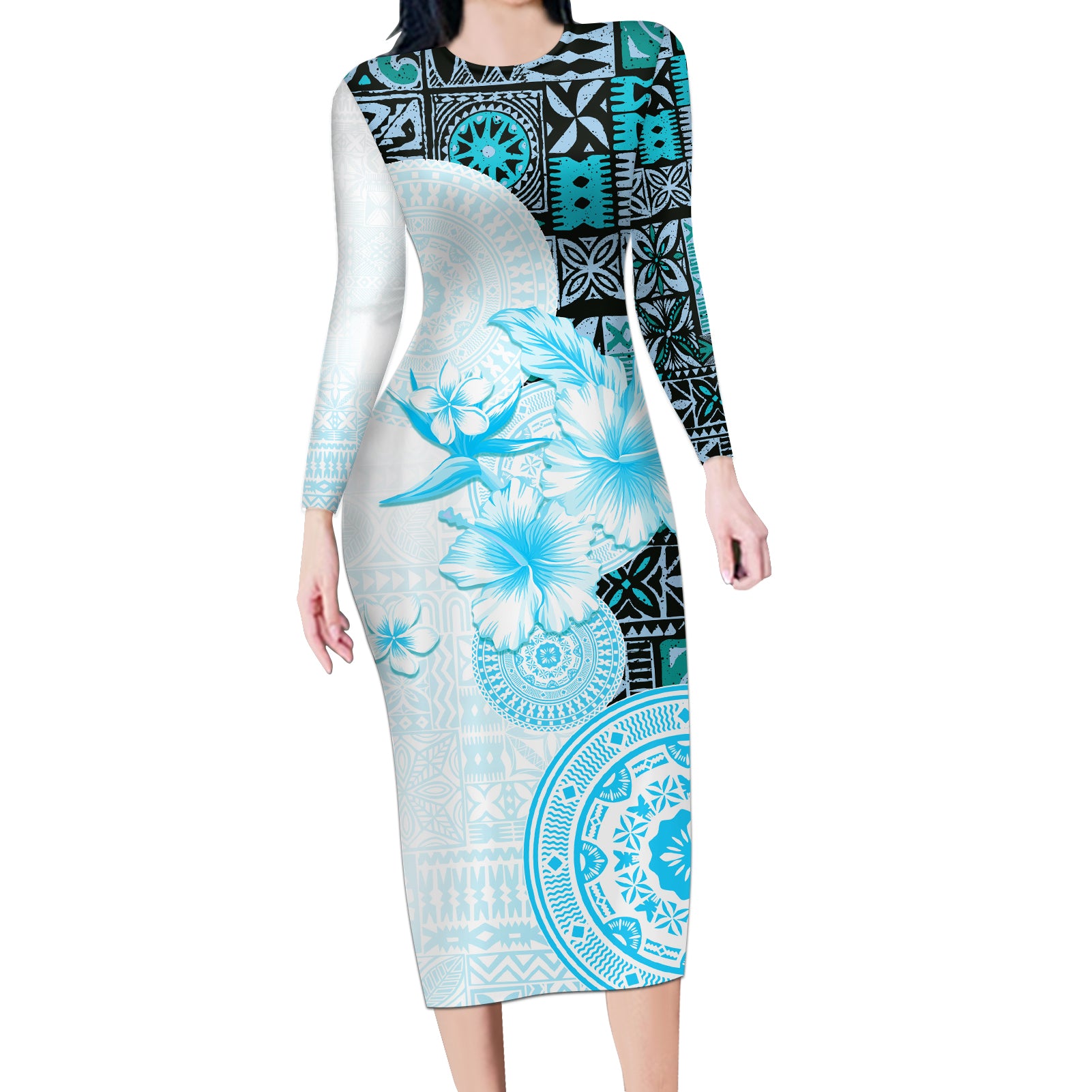 Fiji Long Sleeve Bodycon Dress Masi Tapa Pattern Blue LT05 Long Dress Blue - Polynesian Pride