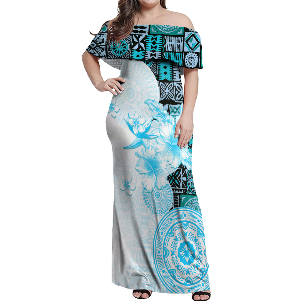 Fiji Off Shoulder Maxi Dress Masi Tapa Pattern Blue LT05 Women Blue - Polynesian Pride