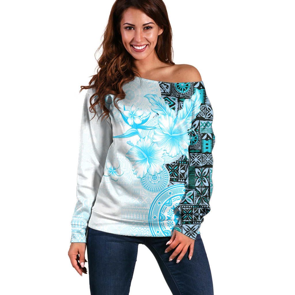 Fiji Off Shoulder Sweater Masi Tapa Pattern Blue LT05 Women Blue - Polynesian Pride