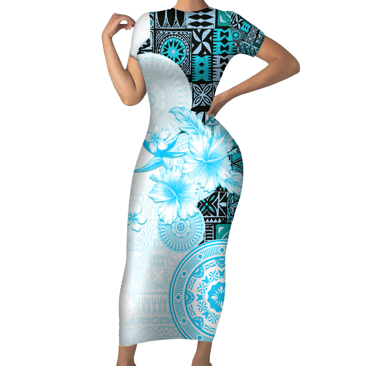 Fiji Short Sleeve Bodycon Dress Masi Tapa Pattern Blue LT05 Long Dress Blue - Polynesian Pride