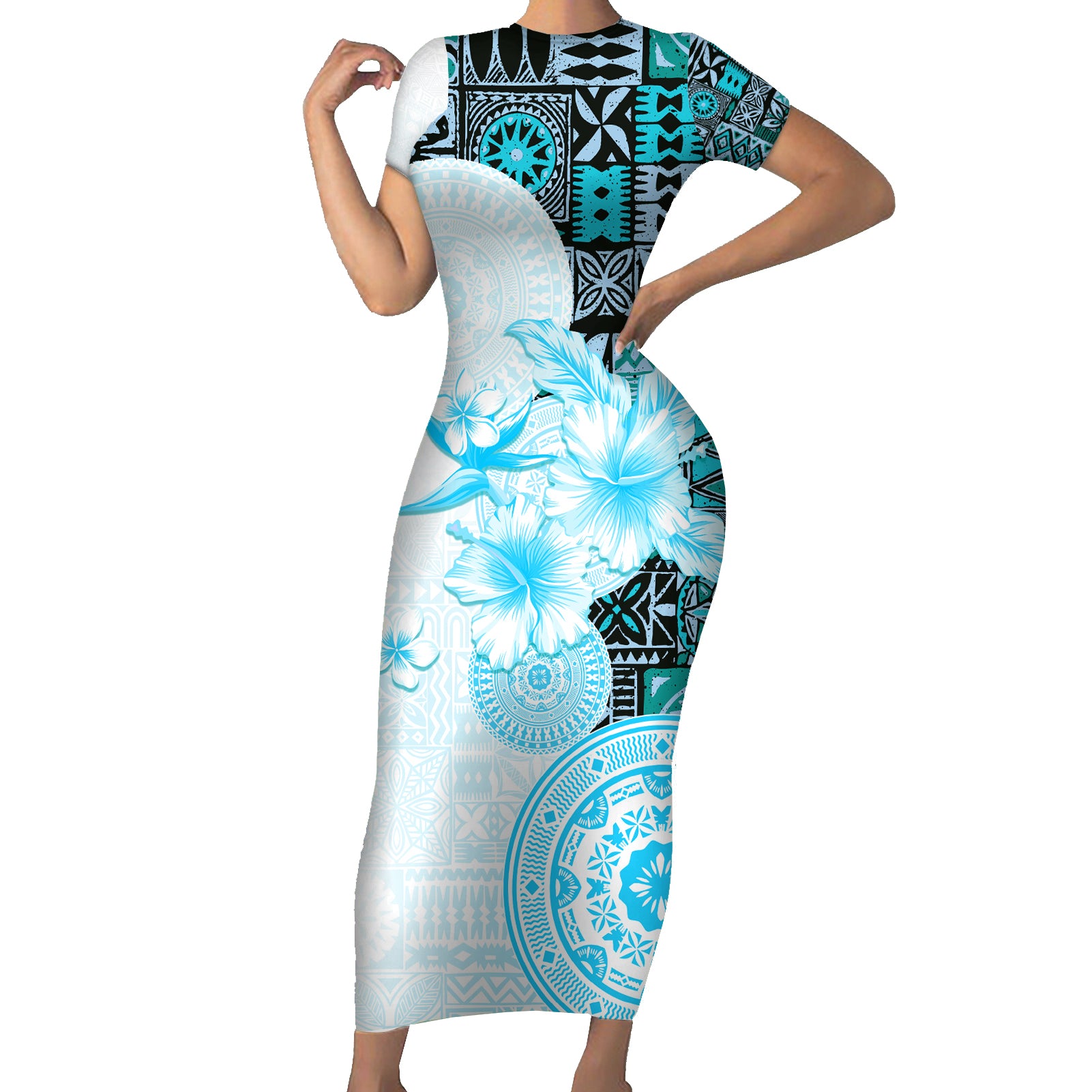Fiji Short Sleeve Bodycon Dress Masi Tapa Pattern Blue LT05 Long Dress Blue - Polynesian Pride