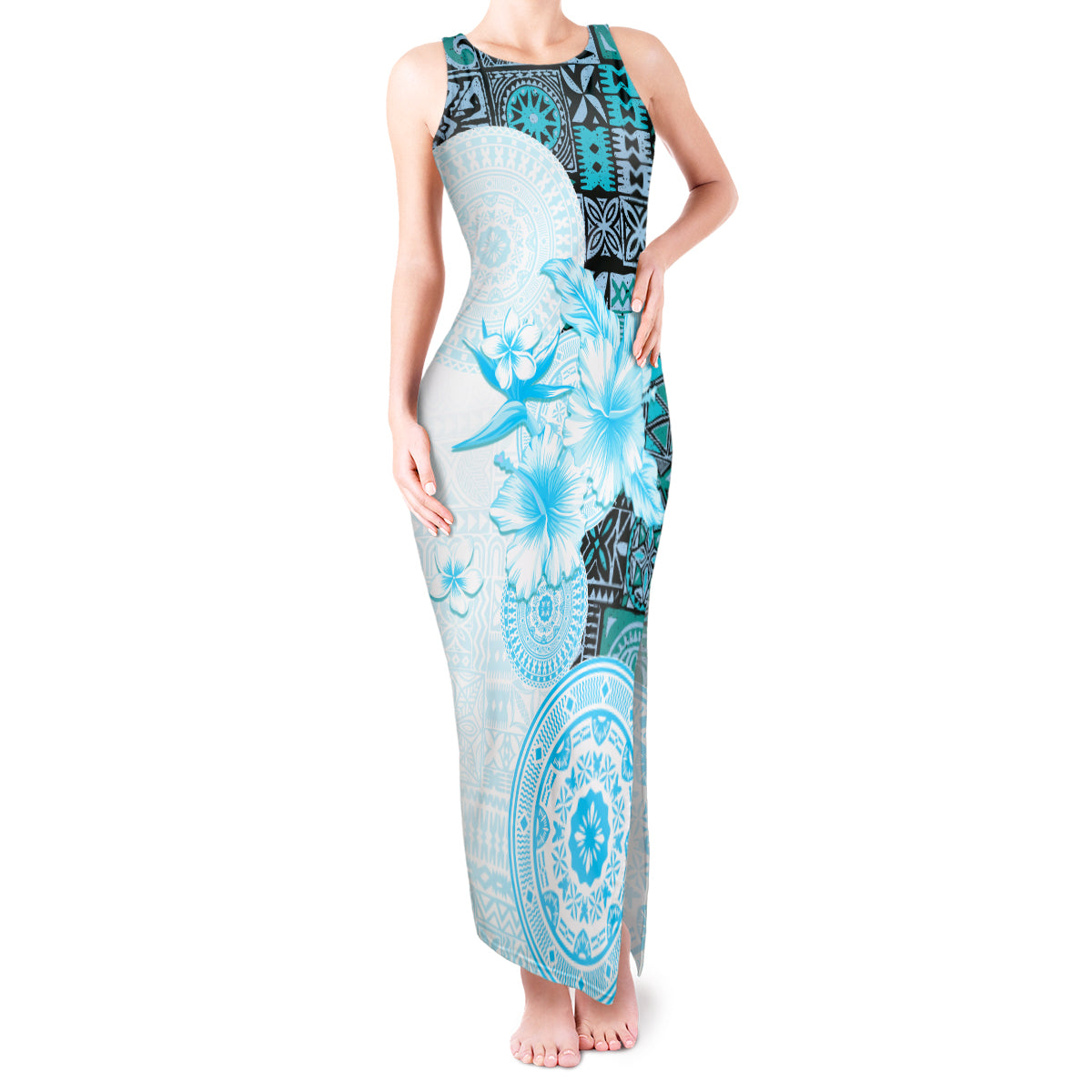 Fiji Tank Maxi Dress Masi Tapa Pattern Blue LT05 Women Blue - Polynesian Pride