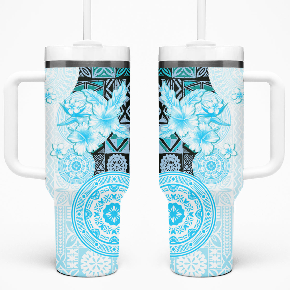 Fiji Tumbler With Handle Masi Tapa Pattern Blue