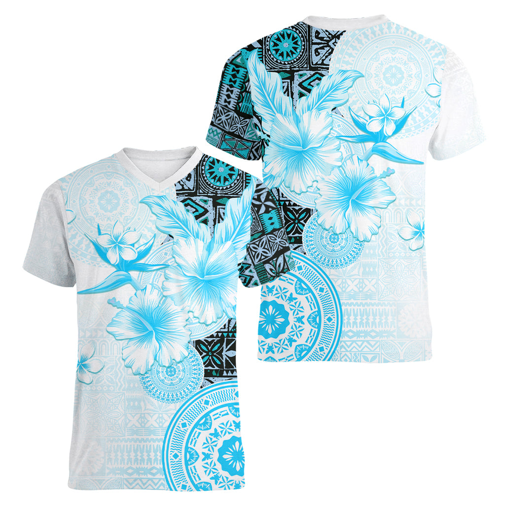 Fiji Women V Neck T Shirt Masi Tapa Pattern Blue LT05 - Polynesian Pride