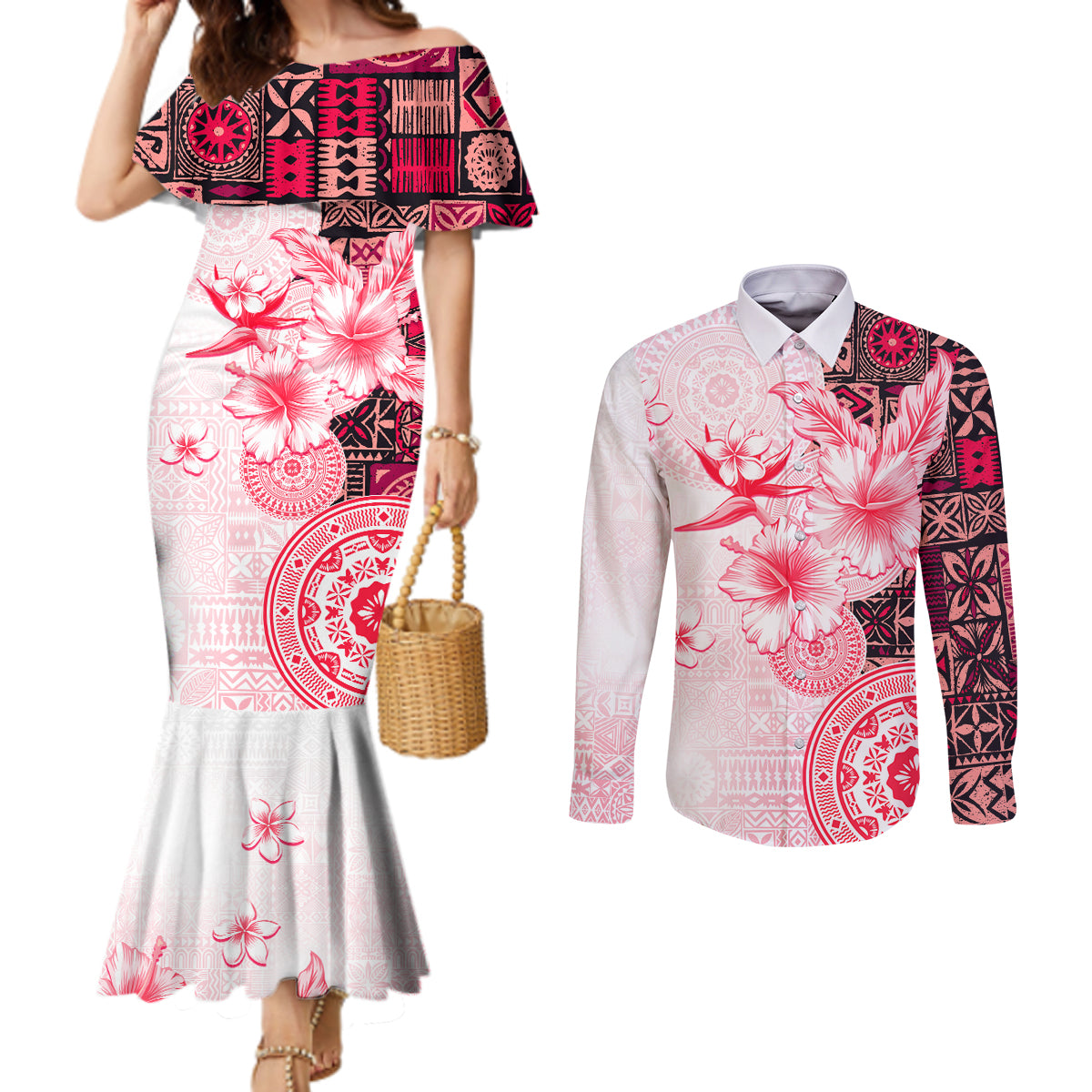 Fiji Couples Matching Mermaid Dress and Long Sleeve Button Shirt Masi Tapa Pattern Red LT05 Red - Polynesian Pride