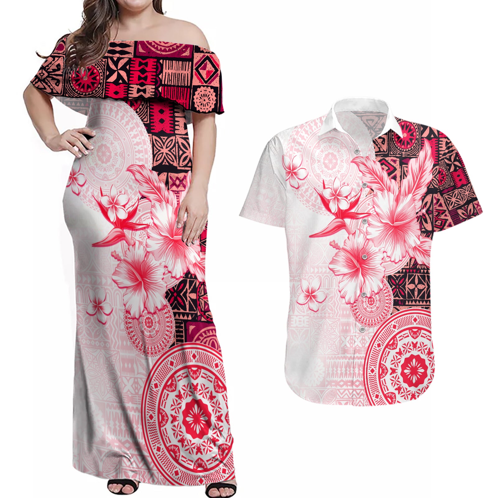 Fiji Couples Matching Off Shoulder Maxi Dress and Hawaiian Shirt Masi Tapa Pattern Red LT05 Red - Polynesian Pride