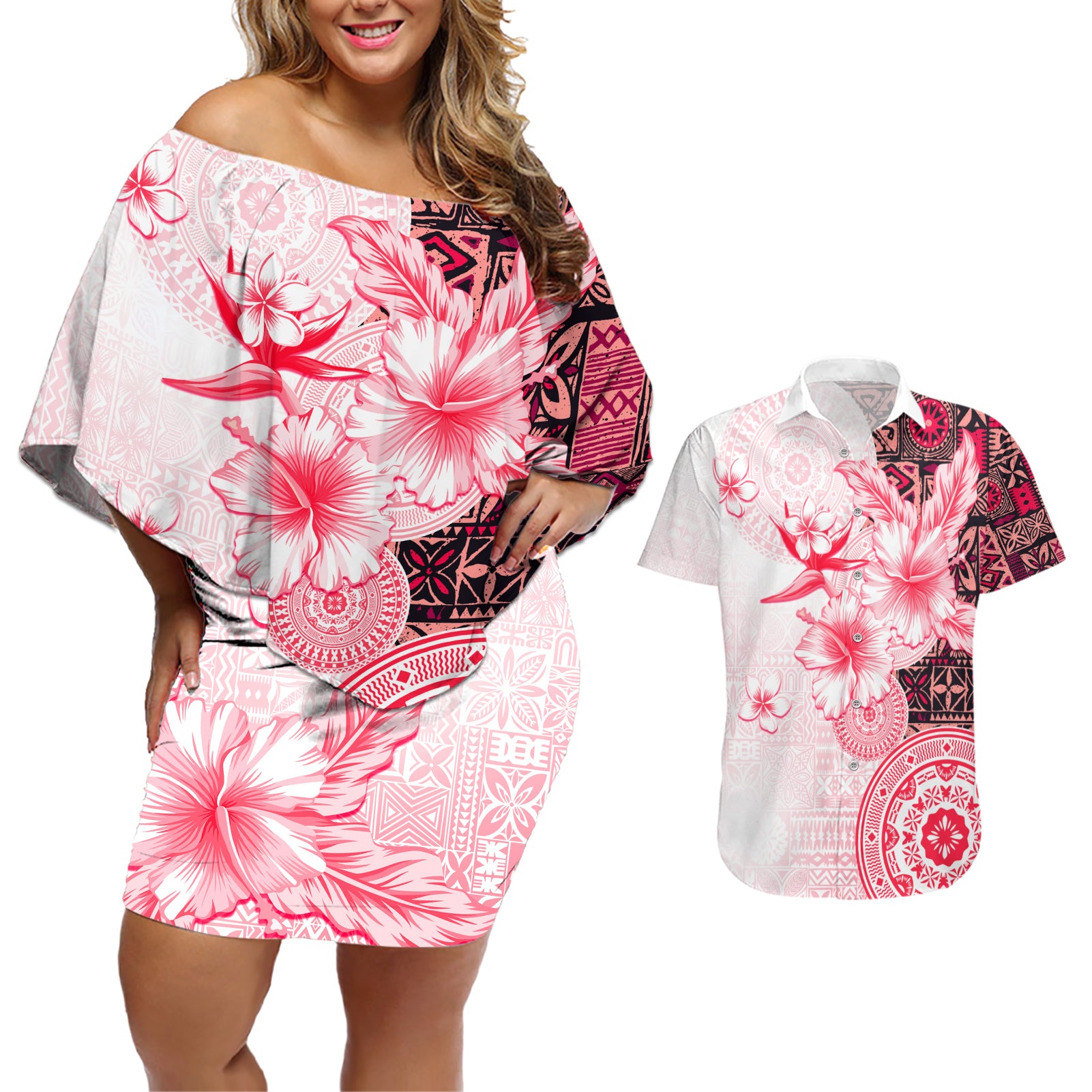 Fiji Couples Matching Off Shoulder Short Dress and Hawaiian Shirt Masi Tapa Pattern Red LT05 Red - Polynesian Pride