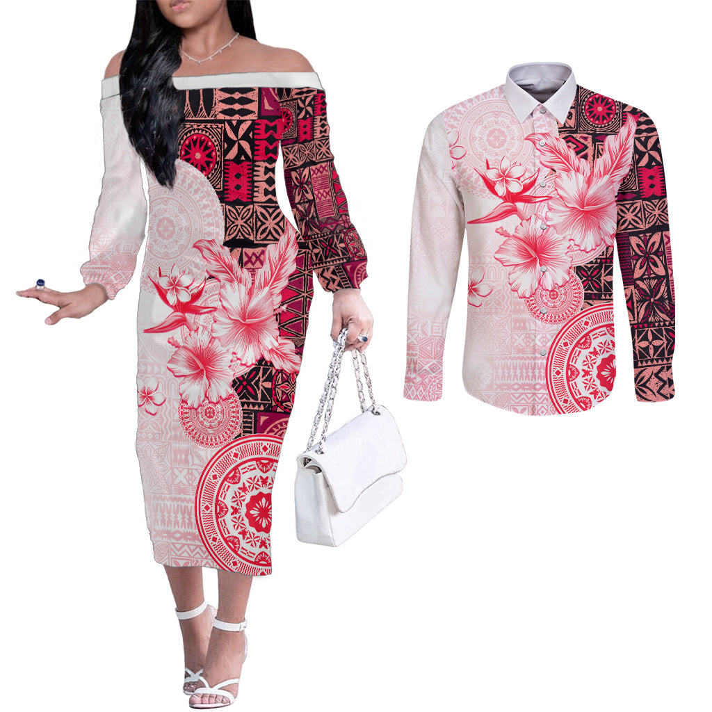 Fiji Couples Matching Off The Shoulder Long Sleeve Dress and Long Sleeve Button Shirt Masi Tapa Pattern Red LT05 Red - Polynesian Pride