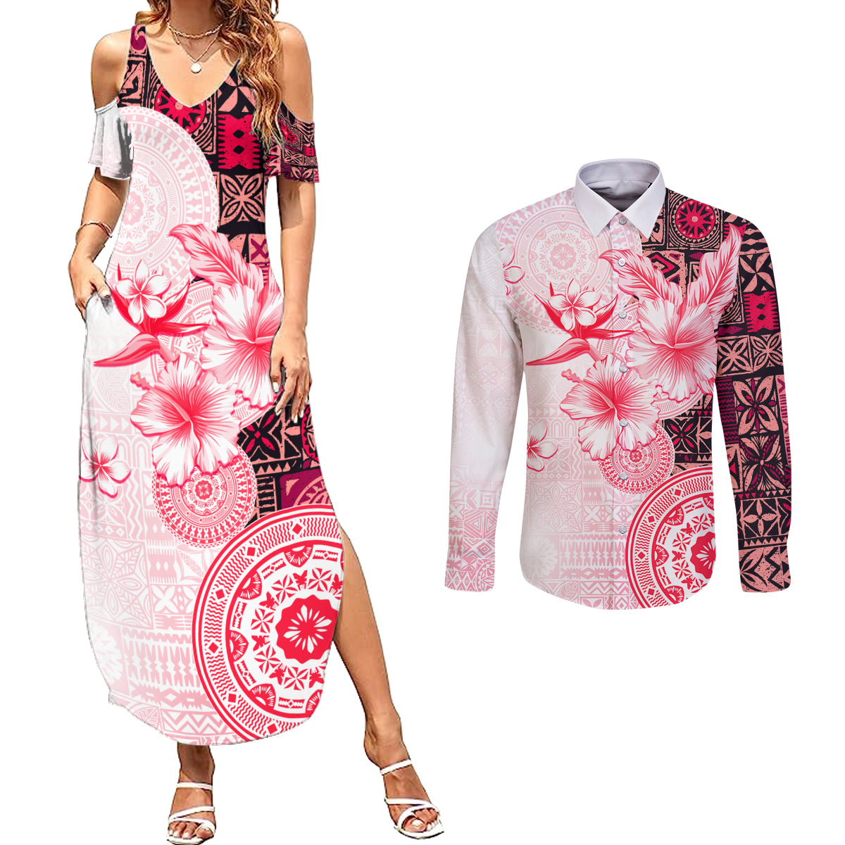 Fiji Couples Matching Summer Maxi Dress and Long Sleeve Button Shirt Masi Tapa Pattern Red LT05 Red - Polynesian Pride