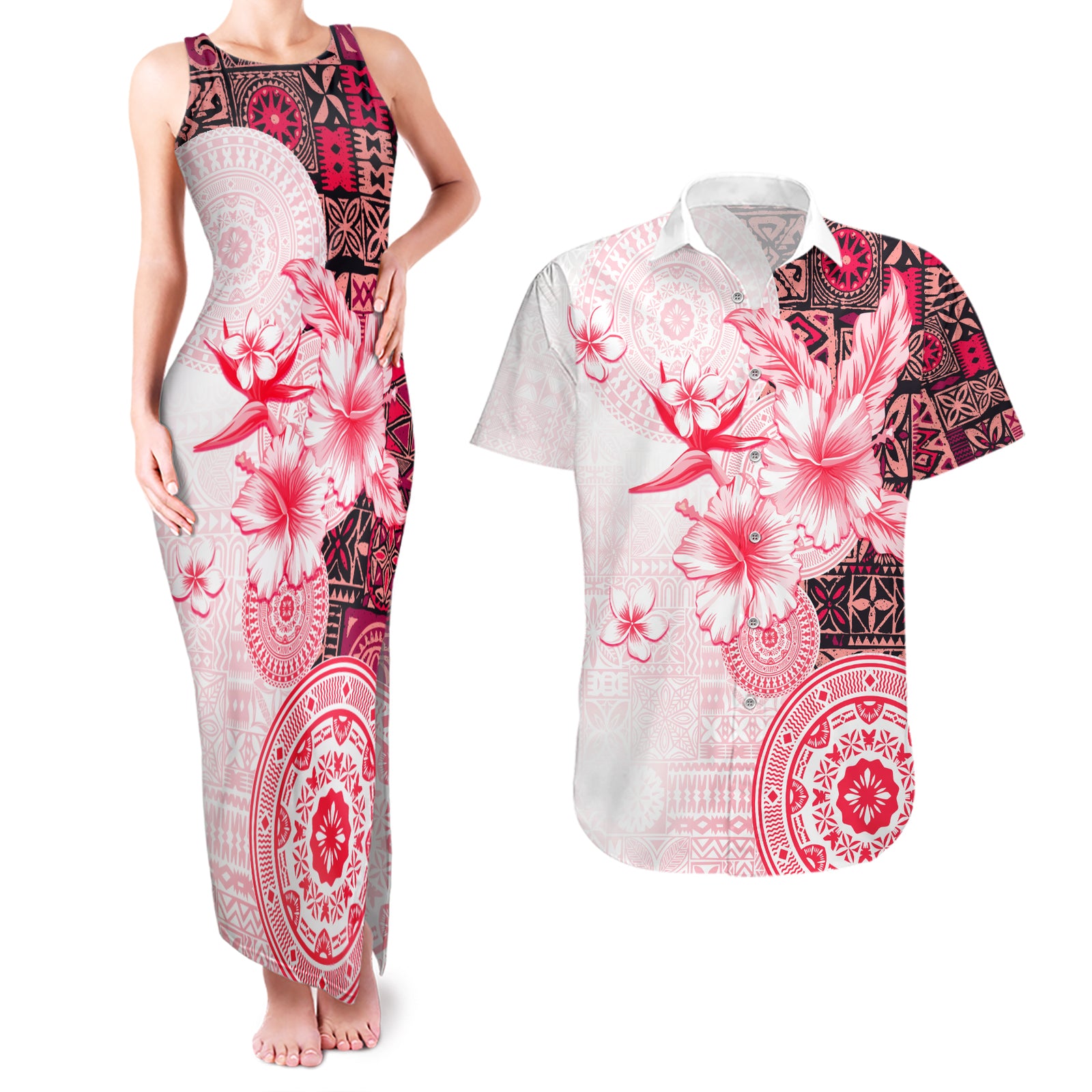 Fiji Couples Matching Tank Maxi Dress and Hawaiian Shirt Masi Tapa Pattern Red LT05 Red - Polynesian Pride