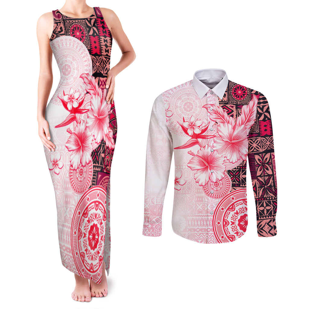 Fiji Couples Matching Tank Maxi Dress and Long Sleeve Button Shirt Masi Tapa Pattern Red LT05 Red - Polynesian Pride