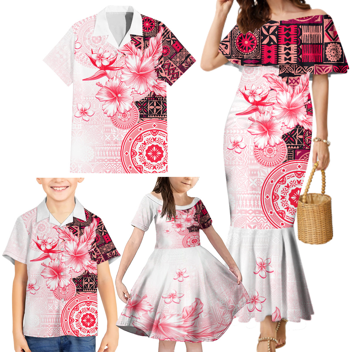 Fiji Family Matching Mermaid Dress and Hawaiian Shirt Masi Tapa Pattern Red LT05 - Polynesian Pride