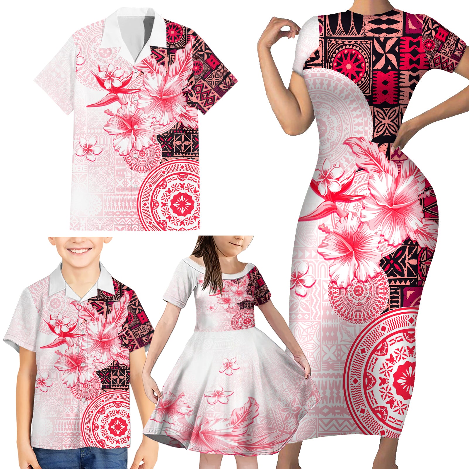 Fiji Family Matching Short Sleeve Bodycon Dress and Hawaiian Shirt Masi Tapa Pattern Red LT05 - Polynesian Pride