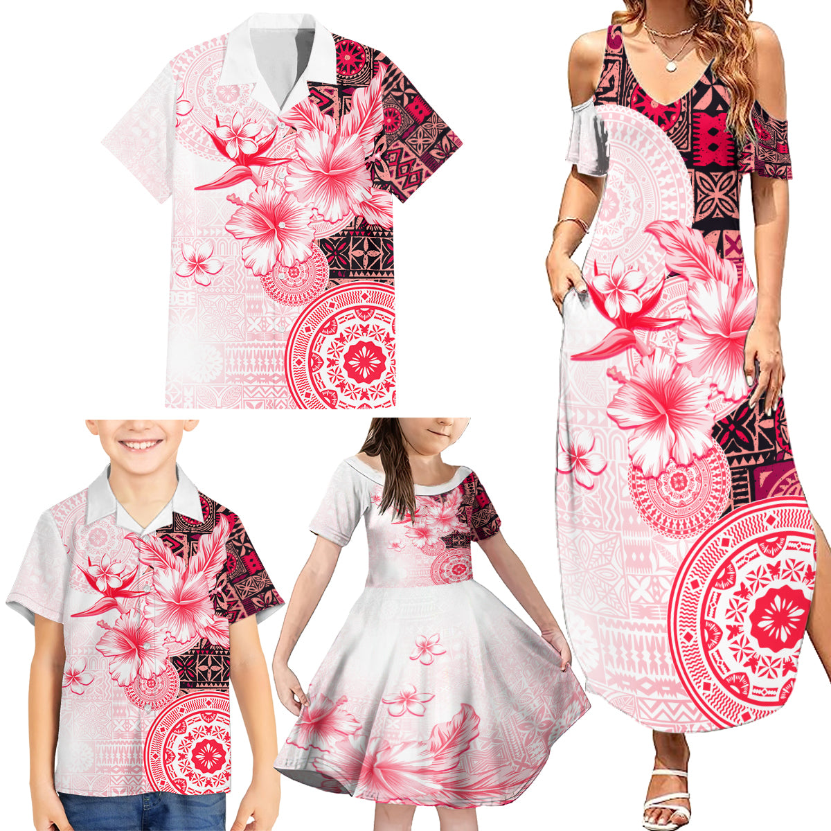 Fiji Family Matching Summer Maxi Dress and Hawaiian Shirt Masi Tapa Pattern Red LT05 - Polynesian Pride