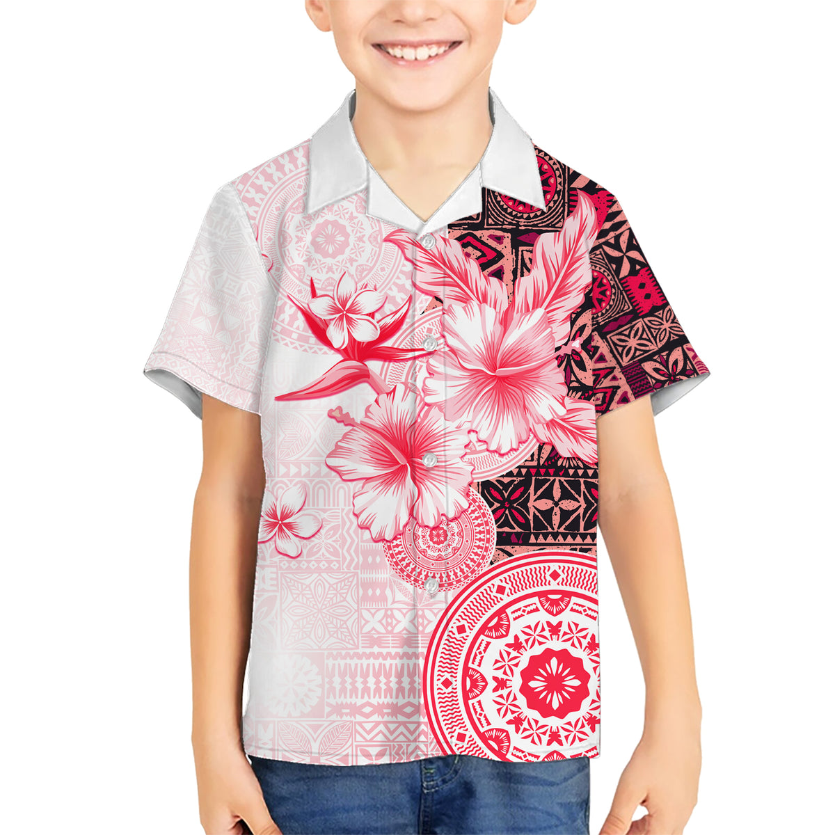 Fiji Kid Hawaiian Shirt Masi Tapa Pattern Red LT05 Kid Red - Polynesian Pride