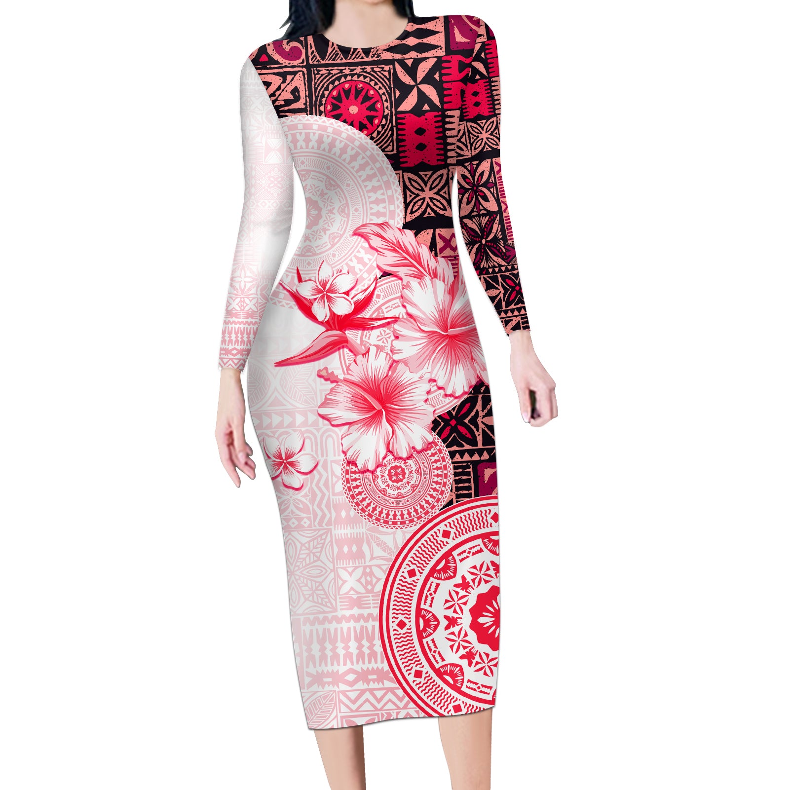 Fiji Long Sleeve Bodycon Dress Masi Tapa Pattern Red LT05 Long Dress Red - Polynesian Pride