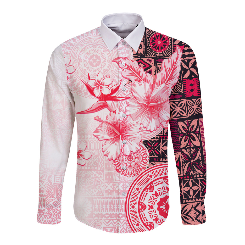 Fiji Long Sleeve Button Shirt Masi Tapa Pattern Red LT05 Unisex Red - Polynesian Pride