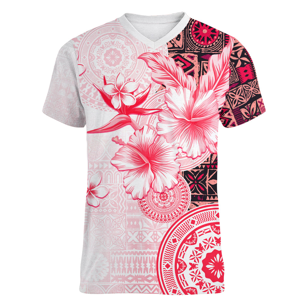 Fiji Women V Neck T Shirt Masi Tapa Pattern Red LT05 Female Red - Polynesian Pride